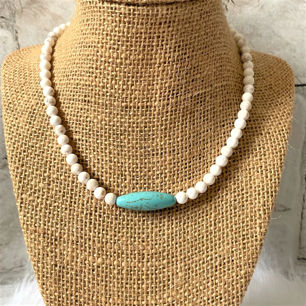 White and Turquoise Magnesite Mens Beaded Necklace