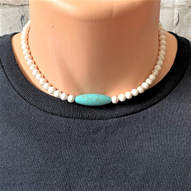 White and Turquoise Magnesite Mens Beaded Necklace