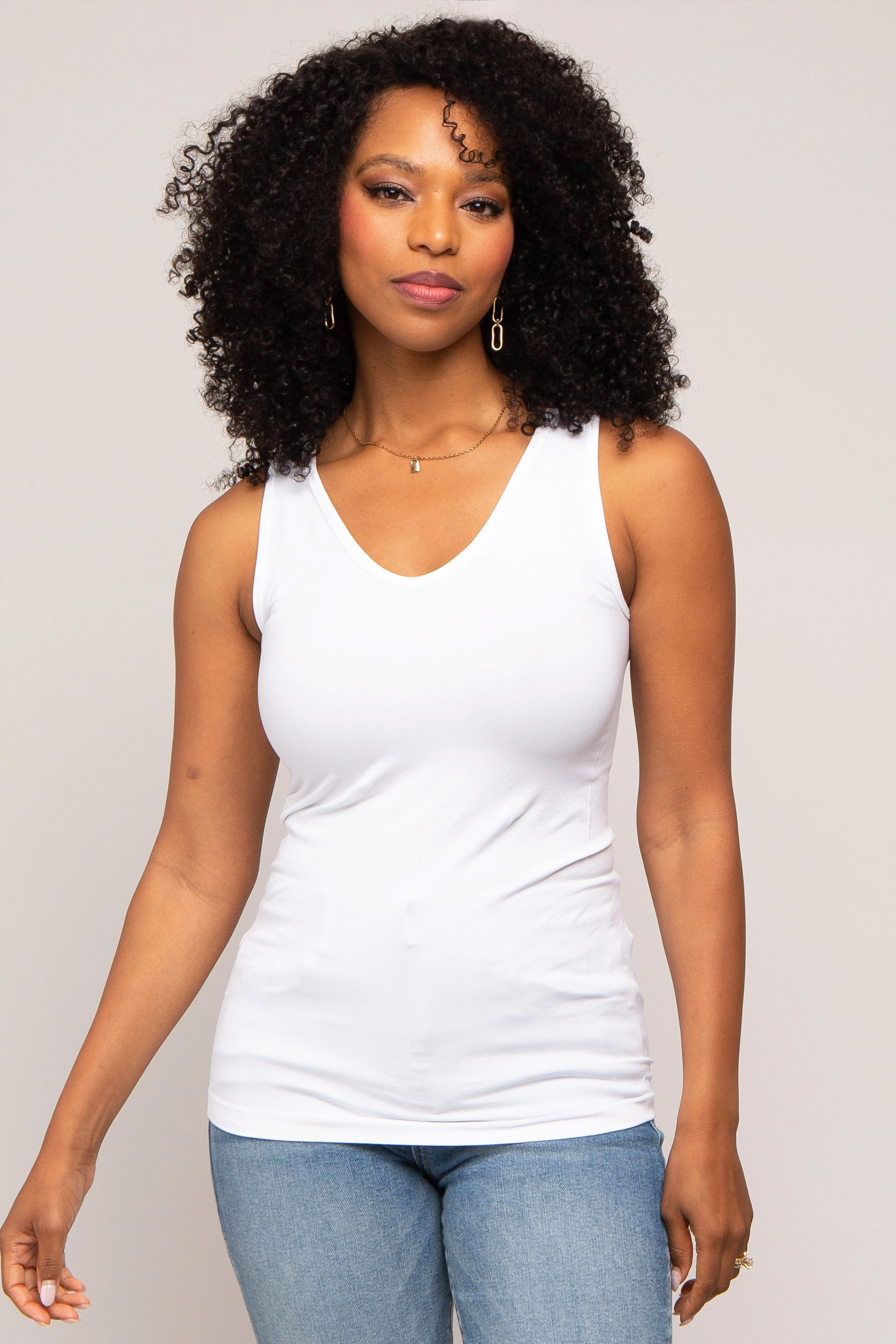 White Basic V-Neck Seamless Tank