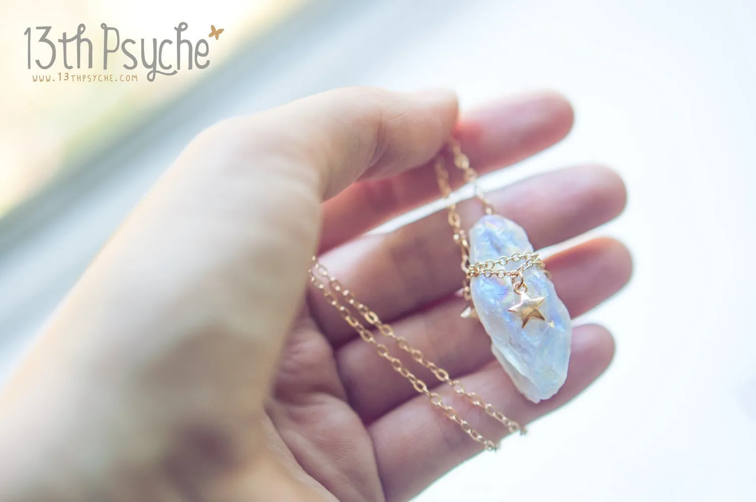 White raw quartz crystal necklace with gold stars