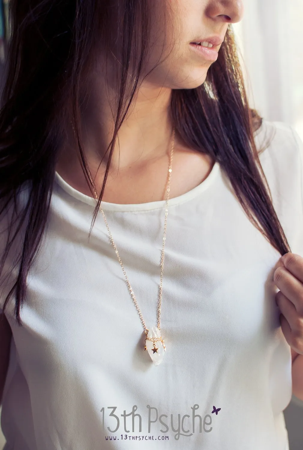 White raw quartz crystal necklace with gold stars