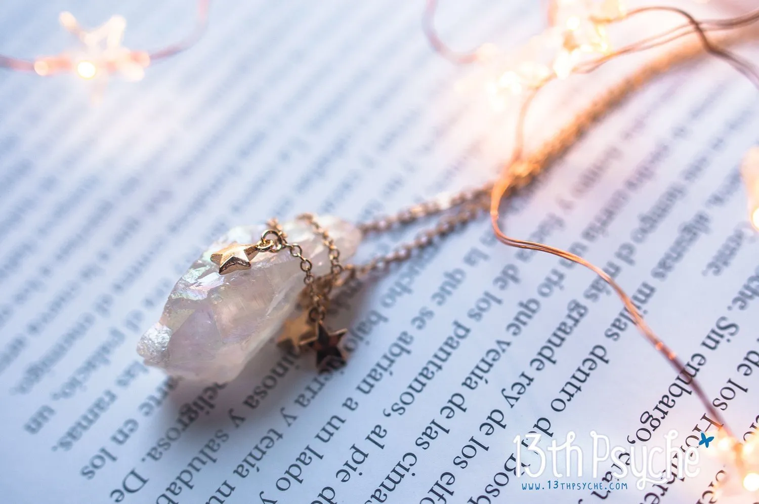 White raw quartz crystal necklace with gold stars