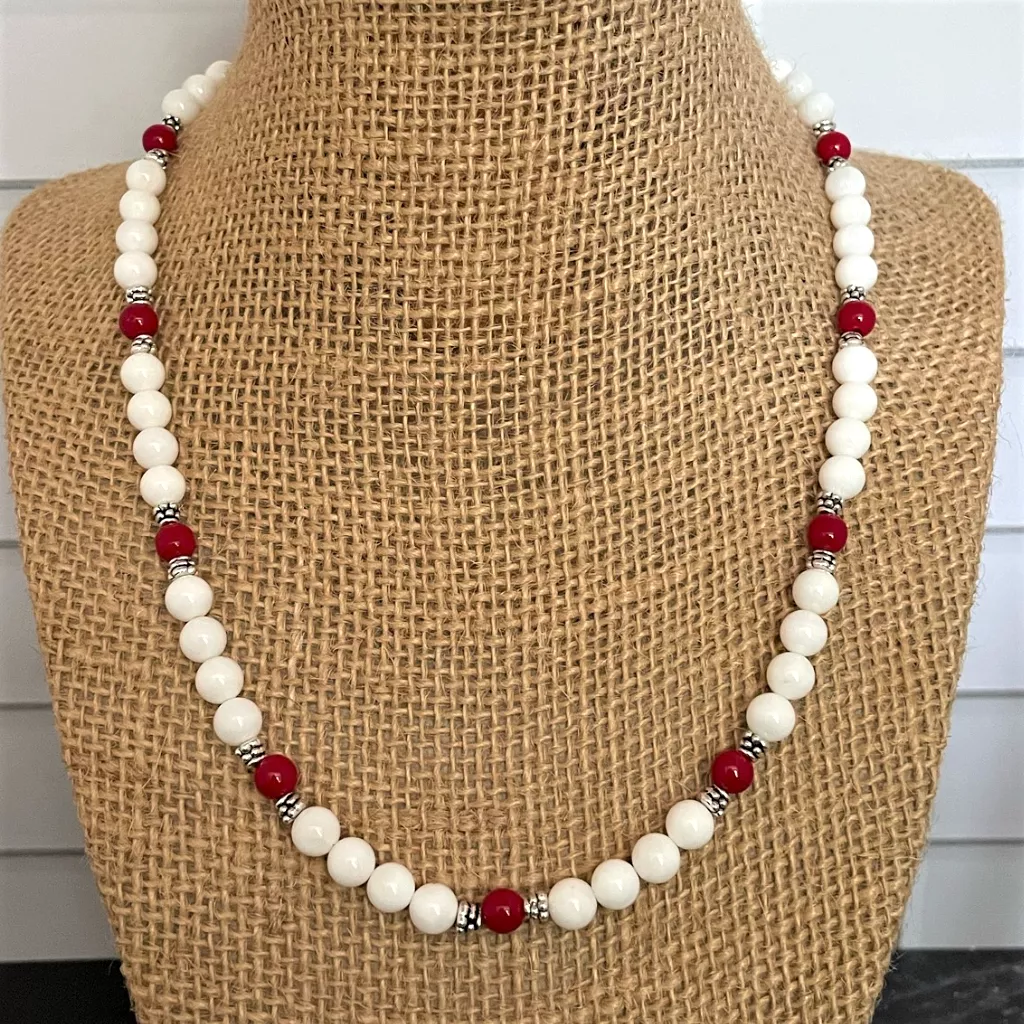 White Shell and Red Coral Beaded Necklace