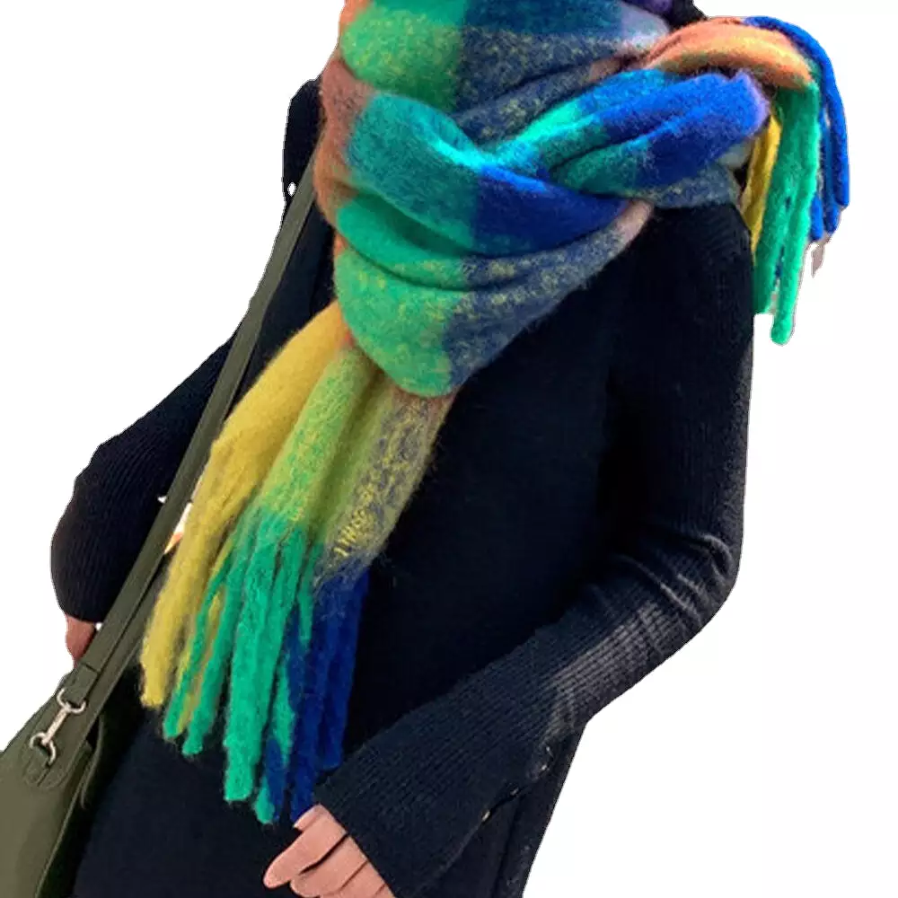 Women Cashmere Dual-use Rainbow Mixed Color Stripes Thicken Warm Plus Long Tassel Scarf Shawl