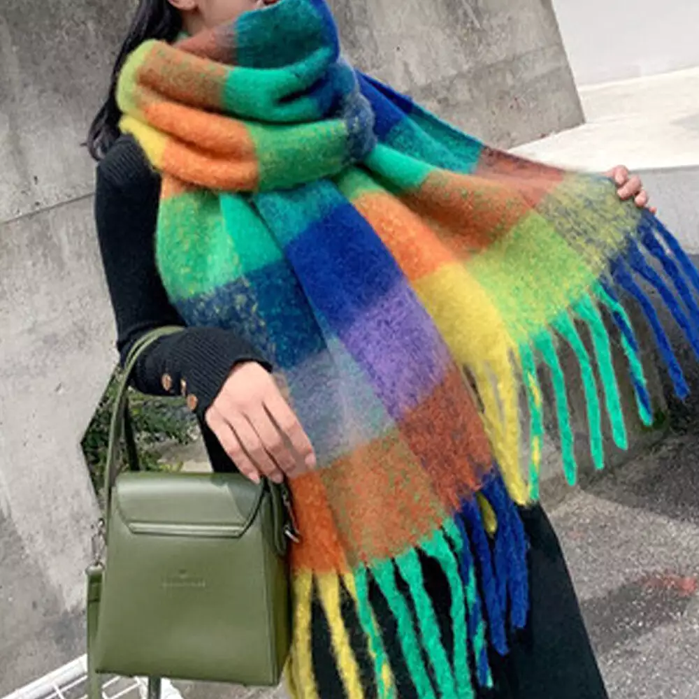 Women Cashmere Dual-use Rainbow Mixed Color Stripes Thicken Warm Plus Long Tassel Scarf Shawl