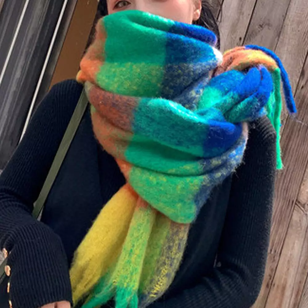 Women Cashmere Dual-use Rainbow Mixed Color Stripes Thicken Warm Plus Long Tassel Scarf Shawl