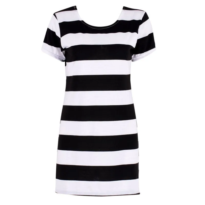 Women Elegant Dress Short Sleeve Bowknot Backless Dresses Bodycon Slim Fit Striped Vestidos LY5 SM6