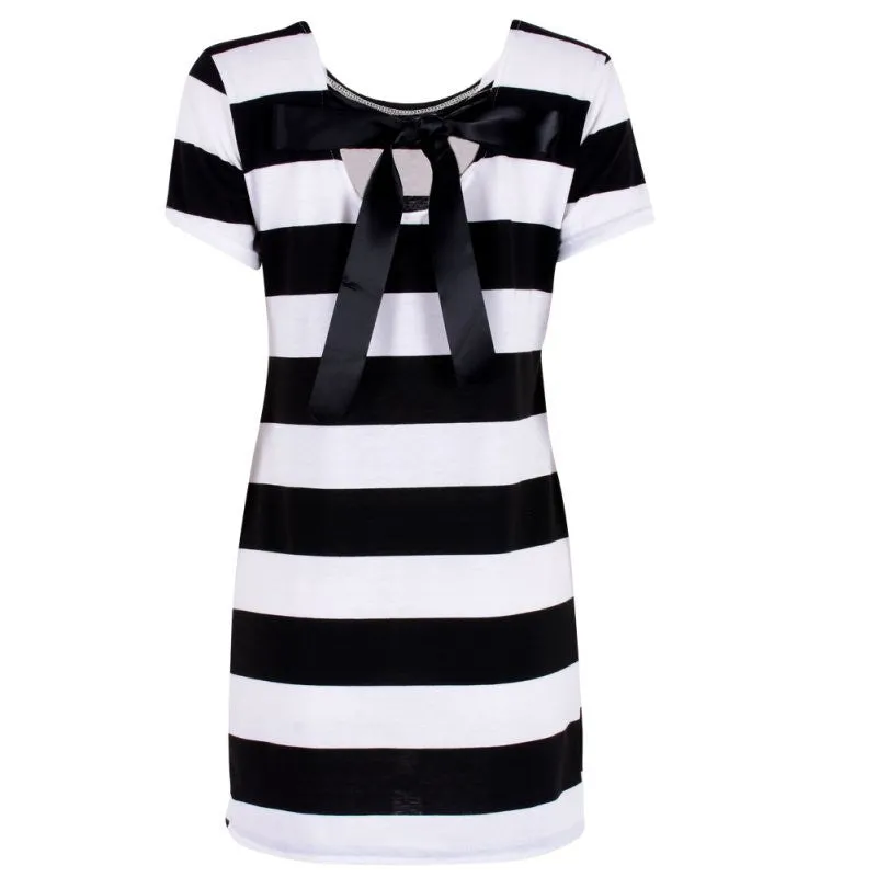 Women Elegant Dress Short Sleeve Bowknot Backless Dresses Bodycon Slim Fit Striped Vestidos LY5 SM6