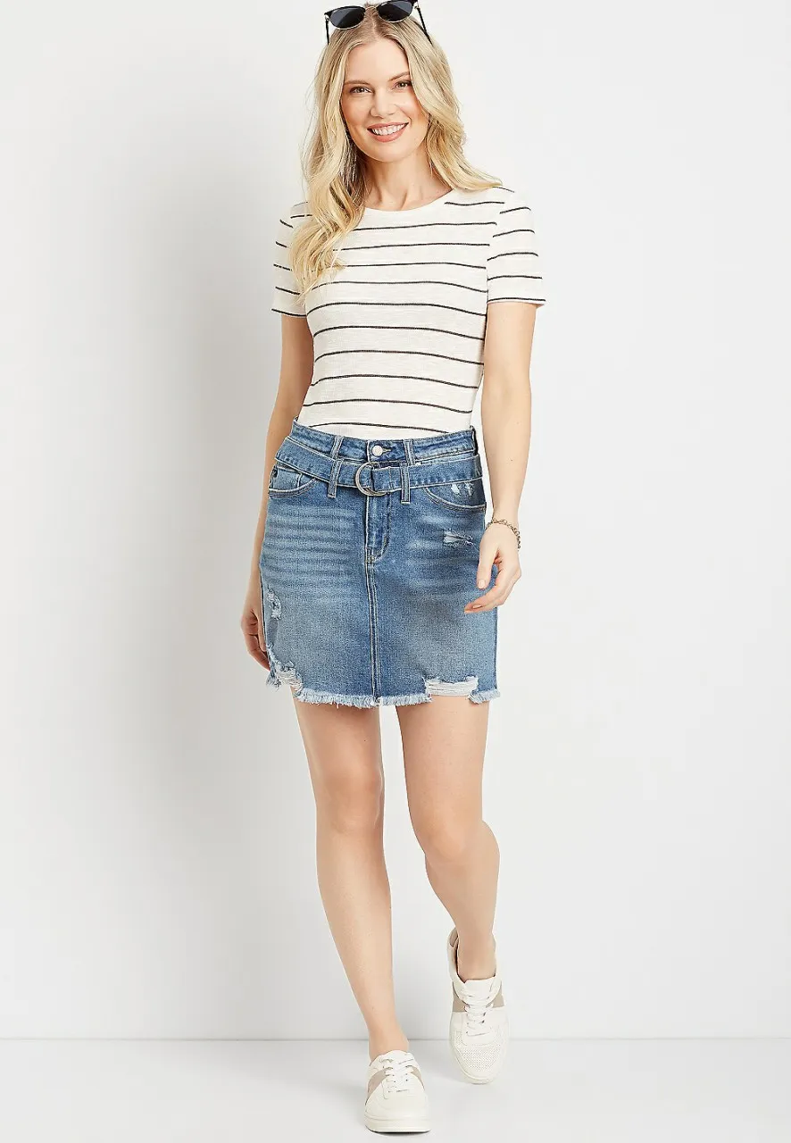 Women Maurices Bottoms | Kancan High Rise Belted Ripped Utility Denim Skirt