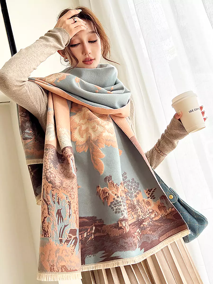 Women Vintage Flower Print Winter Scarf Shawl