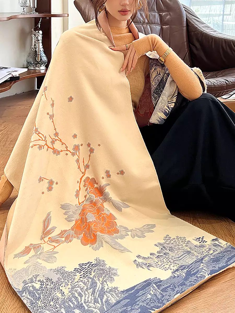 Women Vintage Flower Print Winter Scarf Shawl