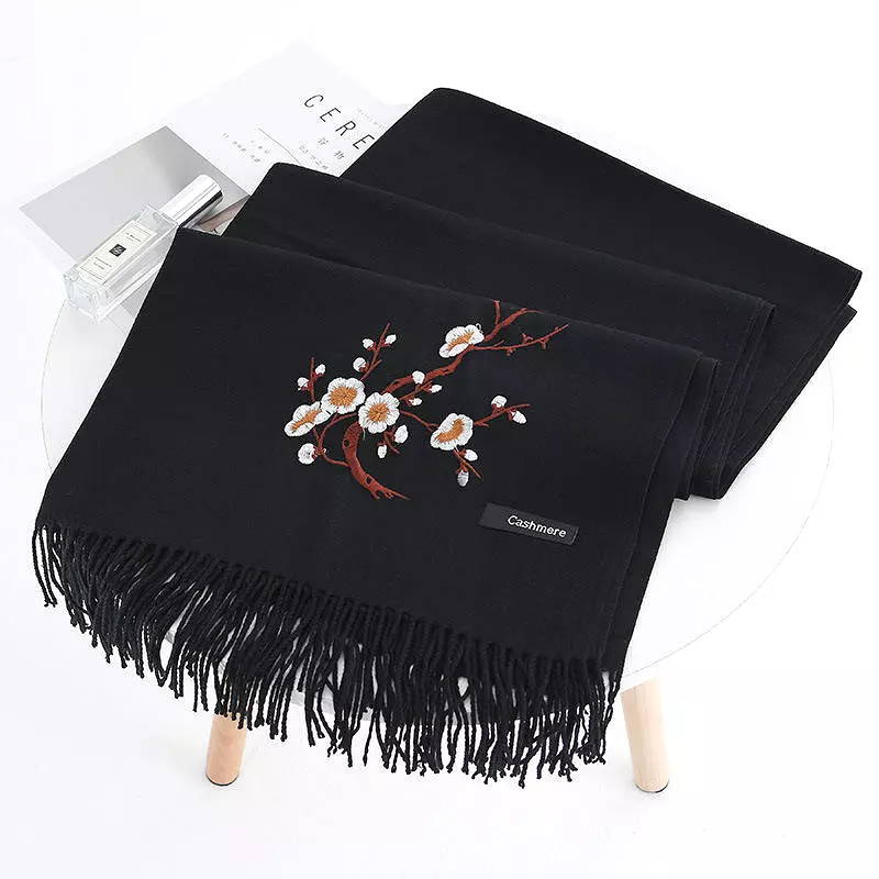 Women Winter Cashmere-Like Plum Embroidery Tassel Ethnic Elegant Scarf Shawl