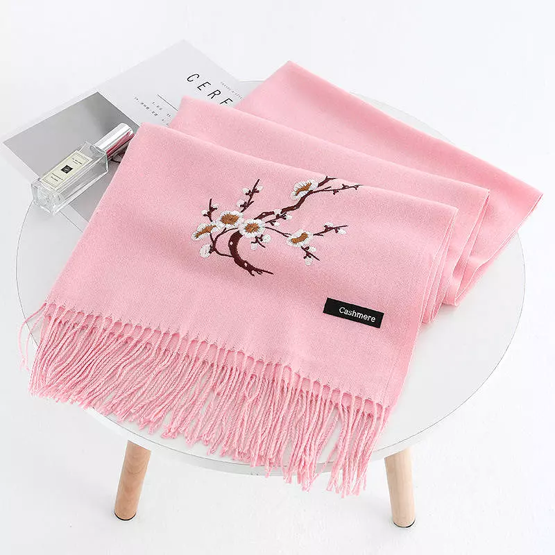 Women Winter Cashmere-Like Plum Embroidery Tassel Ethnic Elegant Scarf Shawl