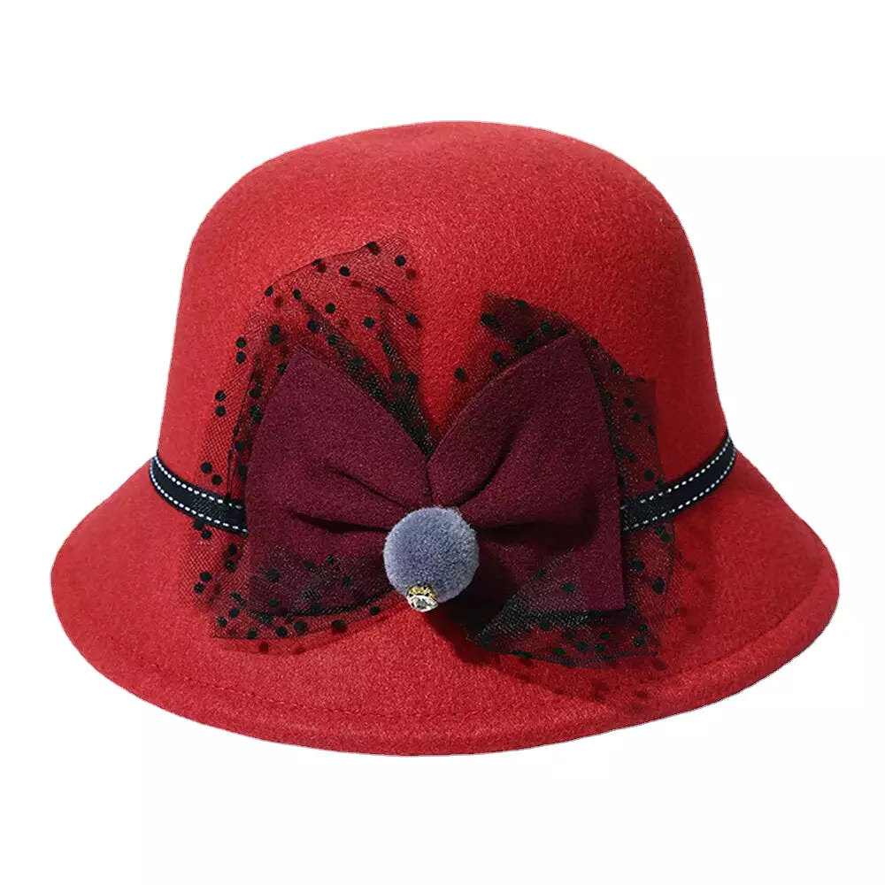 Women Winter Outdoor Cool Protection Warm Top Hat Felt Bow Decoration Lace Fedora Hat Bucket Hat