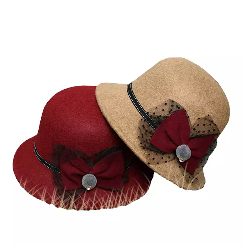 Women Winter Outdoor Cool Protection Warm Top Hat Felt Bow Decoration Lace Fedora Hat Bucket Hat