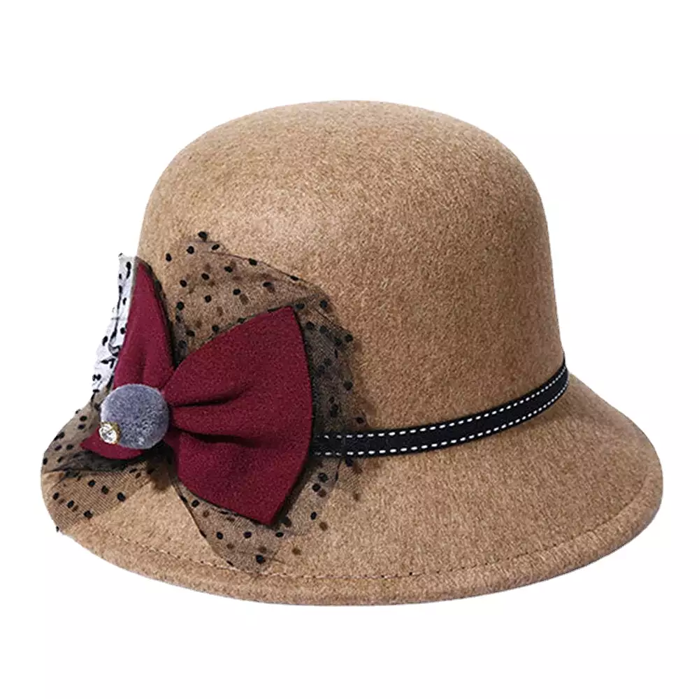 Women Winter Outdoor Cool Protection Warm Top Hat Felt Bow Decoration Lace Fedora Hat Bucket Hat