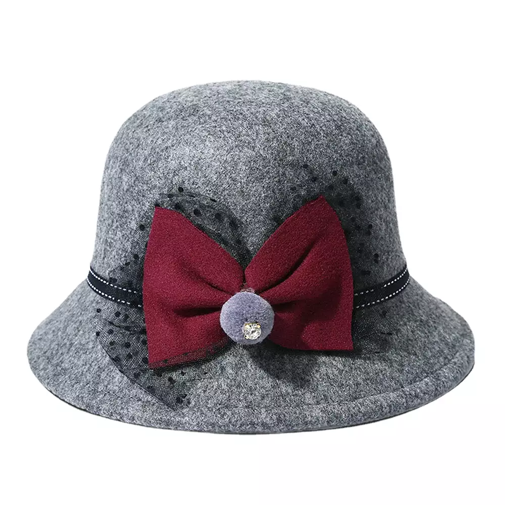 Women Winter Outdoor Cool Protection Warm Top Hat Felt Bow Decoration Lace Fedora Hat Bucket Hat