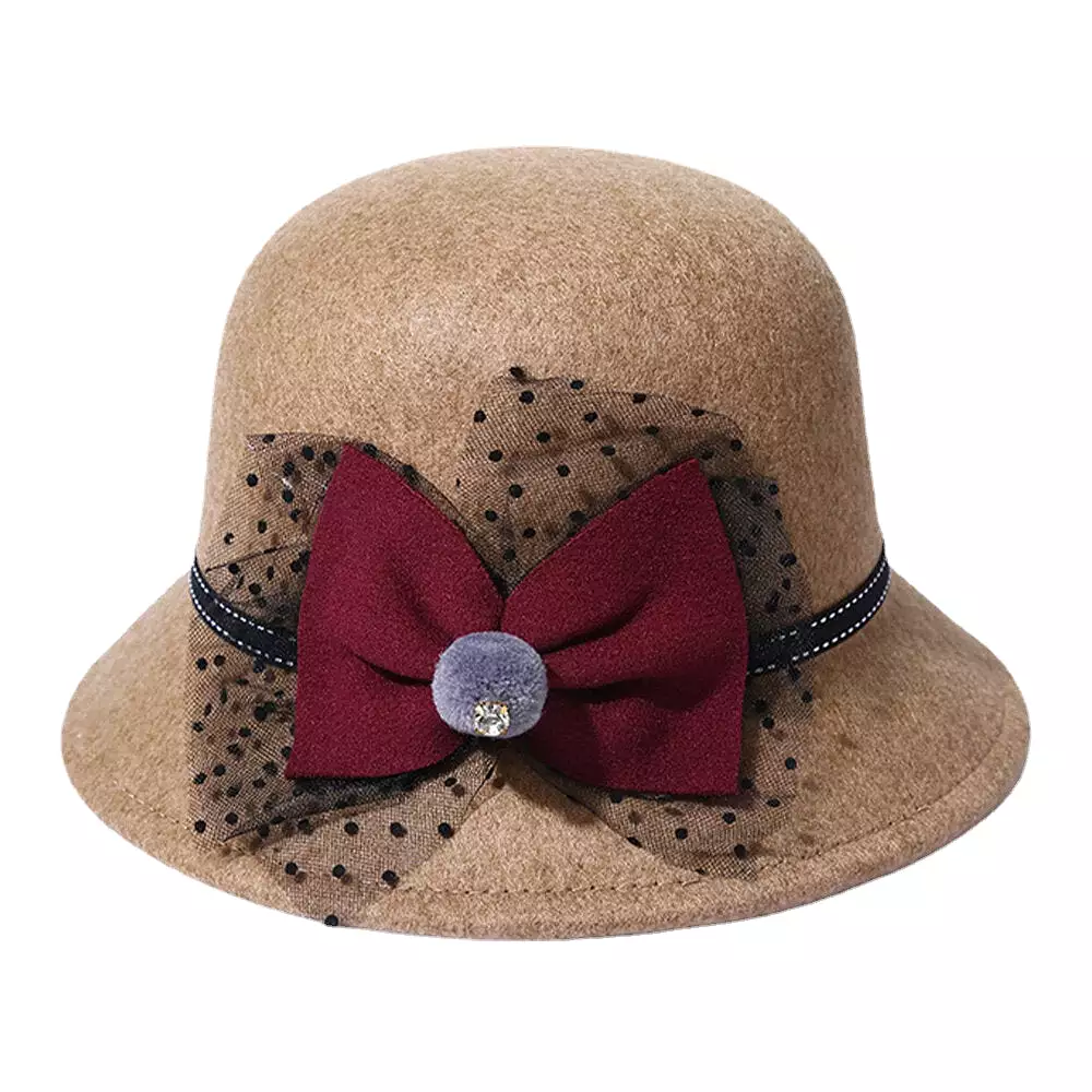 Women Winter Outdoor Cool Protection Warm Top Hat Felt Bow Decoration Lace Fedora Hat Bucket Hat