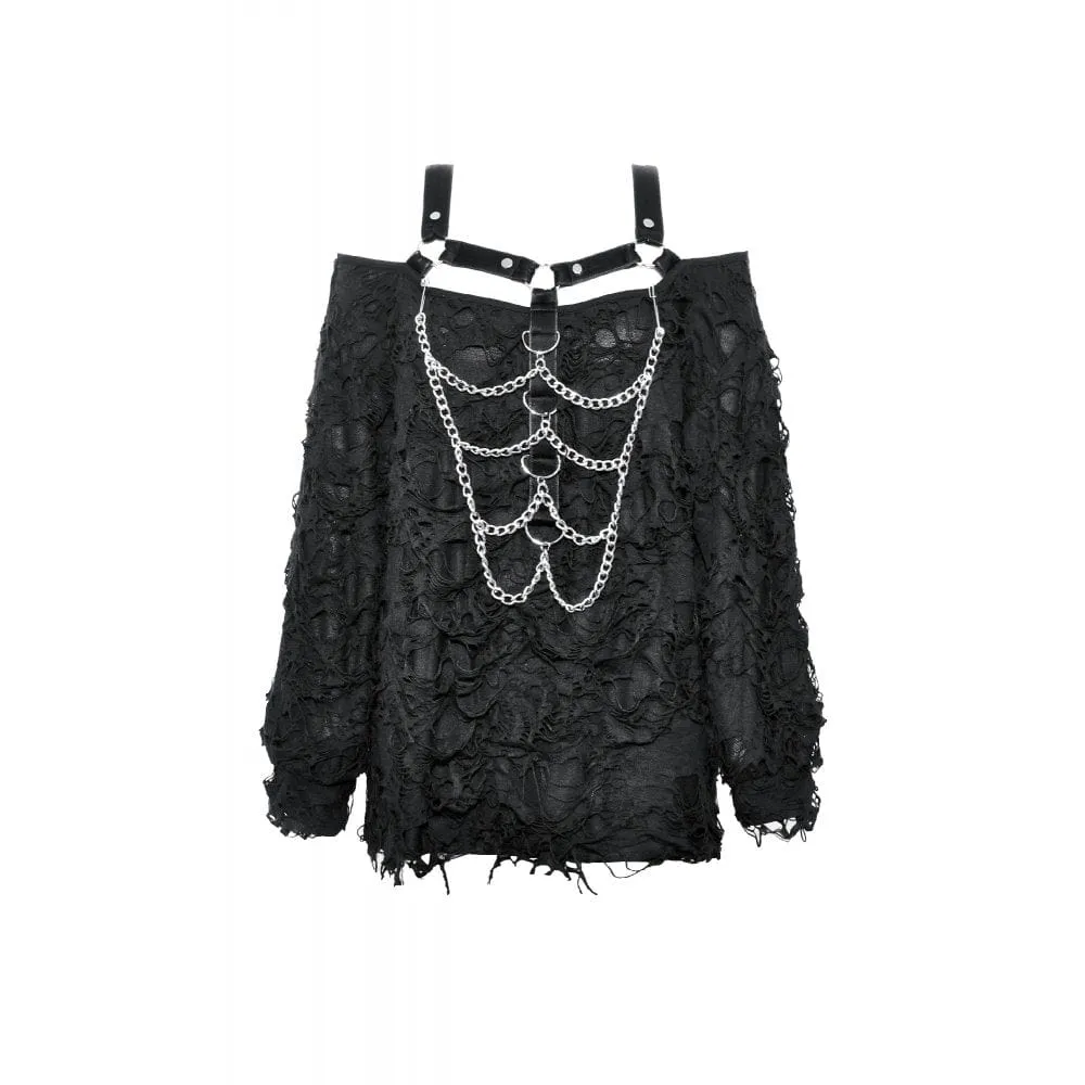 Women's Punk Off Shoulder Ripped Chain Shirt