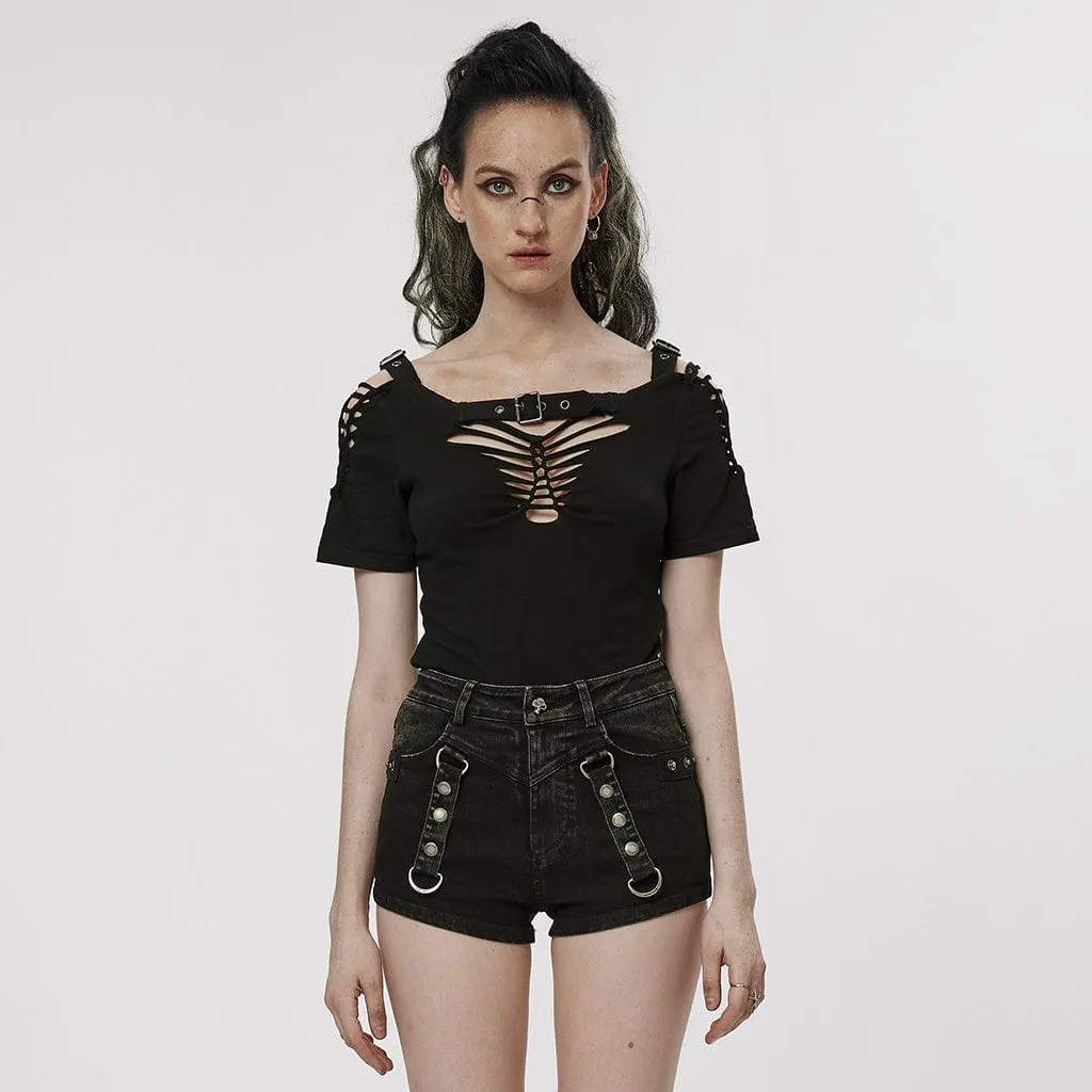 Women's Punk Ripped Buckle Shirt