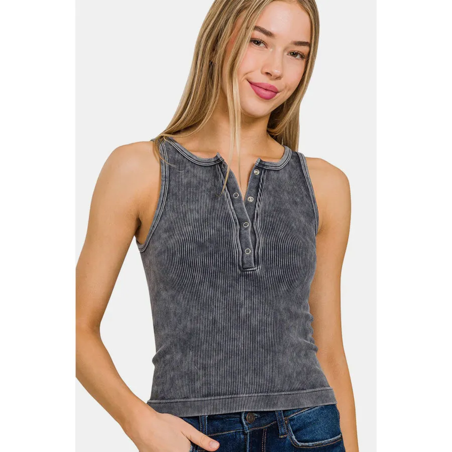 Zenana Washed Ribbed Half Snap Seamless Tank